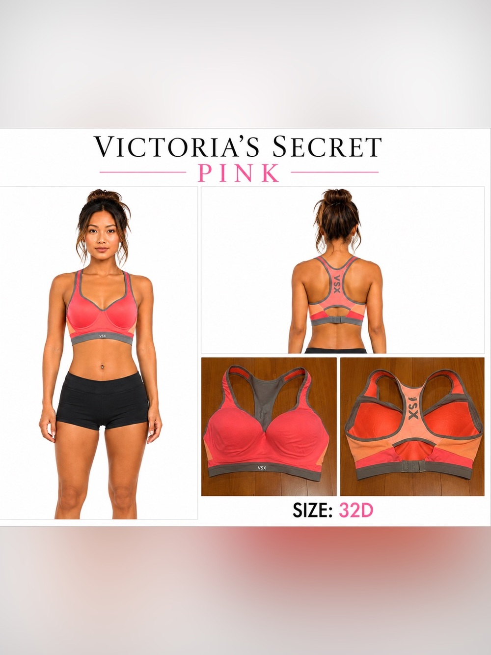 Victoria's Secret Coral Sports Bra with Gray Trim Size 32D
